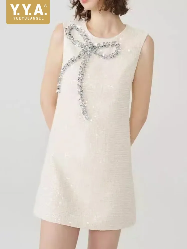 Elegantes Damen-Tweedkleid mit Pailletten, O-Ausschnitt, süßes Party- und Bankettkleid, ärmelloses Minikleid, O-Ausschnitt, süße Schleife, A-Linien-Kleider