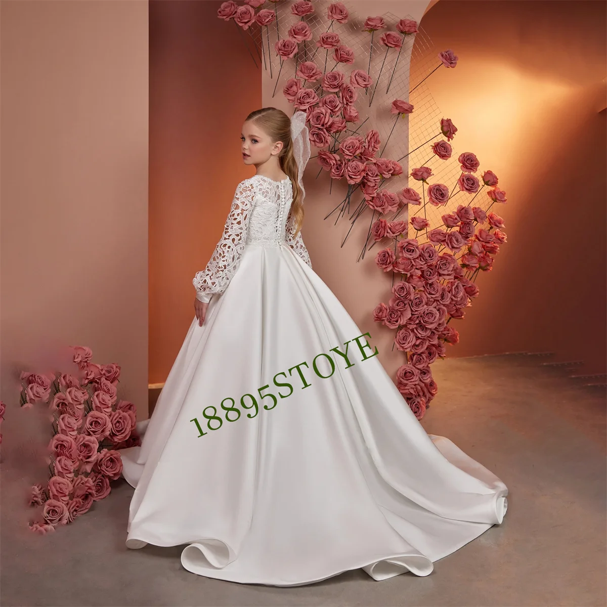 Vestido florido para casamento, frisado de cetim, manga cheia, até o chão, fofo, elegante, infantil, festa de aniversário, primeira comunhão, vestido de baile