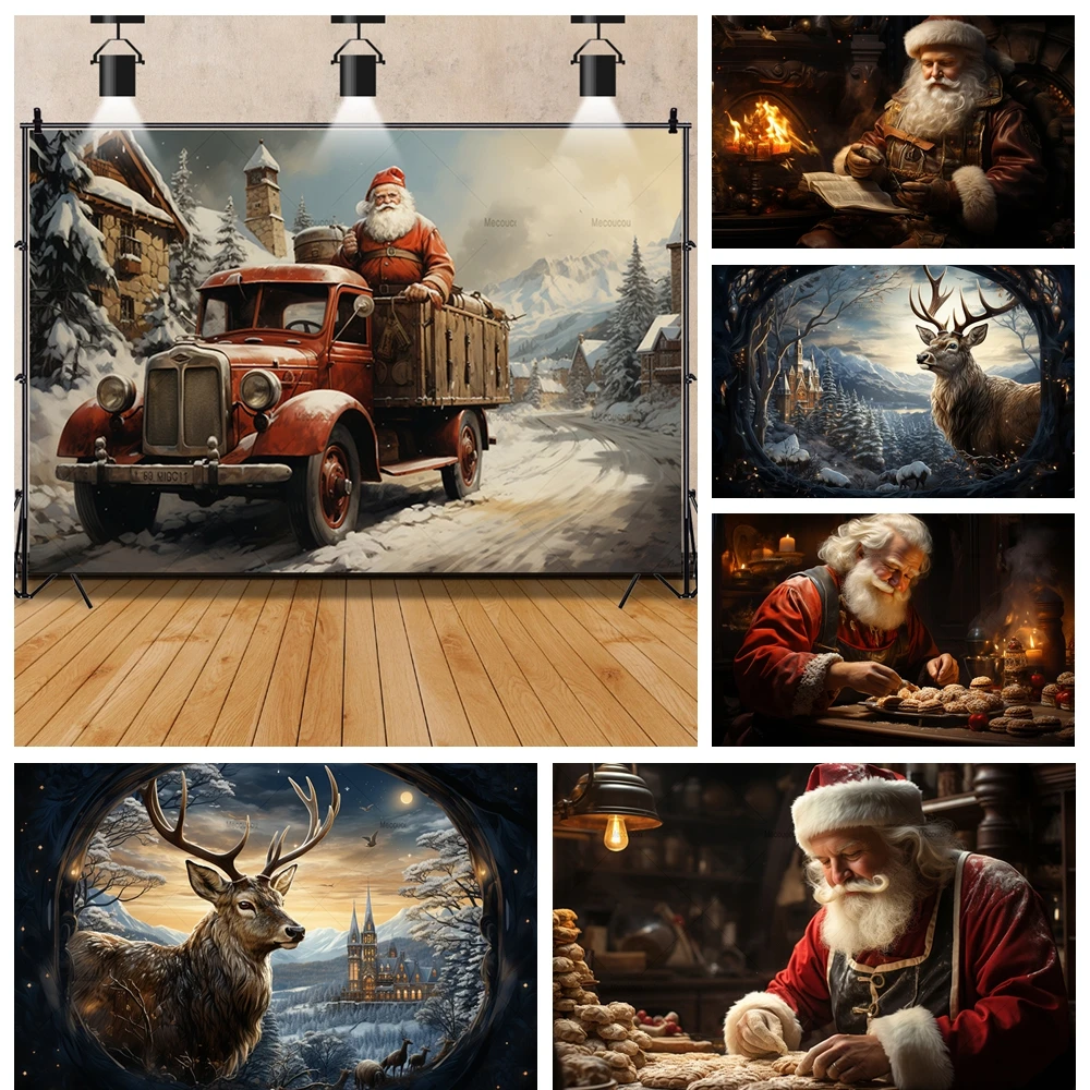 

Merry Christmas Santa Elk Delivering Gifts Boys Girls Birthday Party Backdrop Custom Baby Kid Room Photo Poster Decor Background