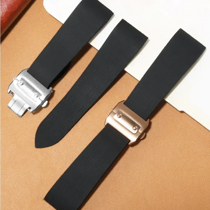 Rubber Waterproof Watchband Fits for Cartier Santos 100 W2020007 Silicone Strap Silver  Folding Buckle Black Bracelet 25mm