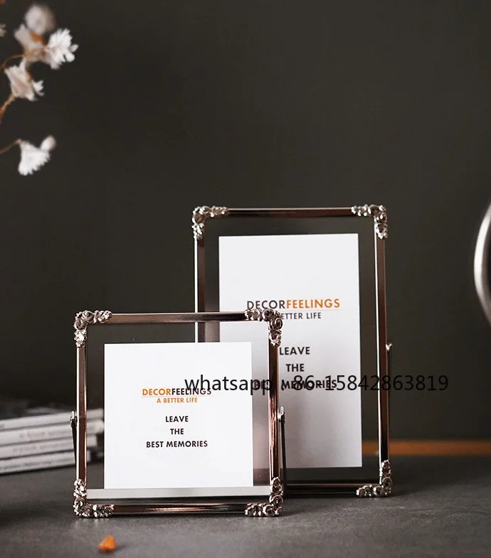 Home Furnishing, Light Luxury Silver Metal, Glass Photo Frame Art Simple Table, Photo Rack