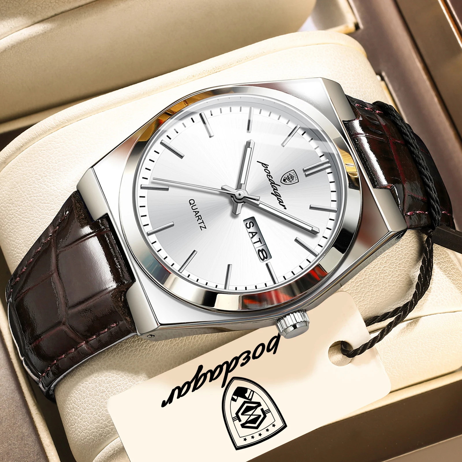 

POEDAGAR Top Fashion Casual Men Watch Waterproof Luminous Date Week Man Wristwatch Outdoor Leather Business Men's Quartz Watches