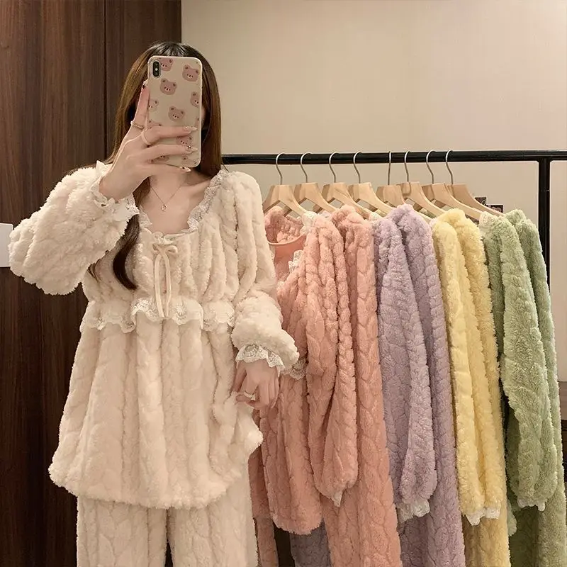 

Winter Sexy Princess Style Pajamas Women Coral Velvet Sweet Flannel Velvet Thickened Homewear Two-piece Set pajamas for women