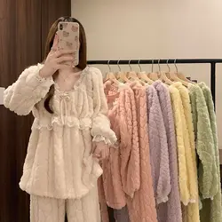 Ensemble de pyjamas deux pièces pour femmes, style princesse sexy, velours doux au glouton, vêtements d'intérieur épaissis, hiver