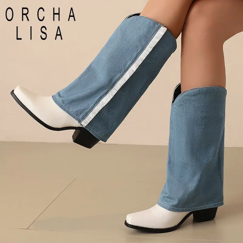 

ORCHA LISA Горячие ковбойские сапоги в стиле вестерн с квадратным носком 6 см, блочные каблуки, слипоны, смешанные цвета, большой размер 44 45, для отдыха, для женщин, до середины икры, зима