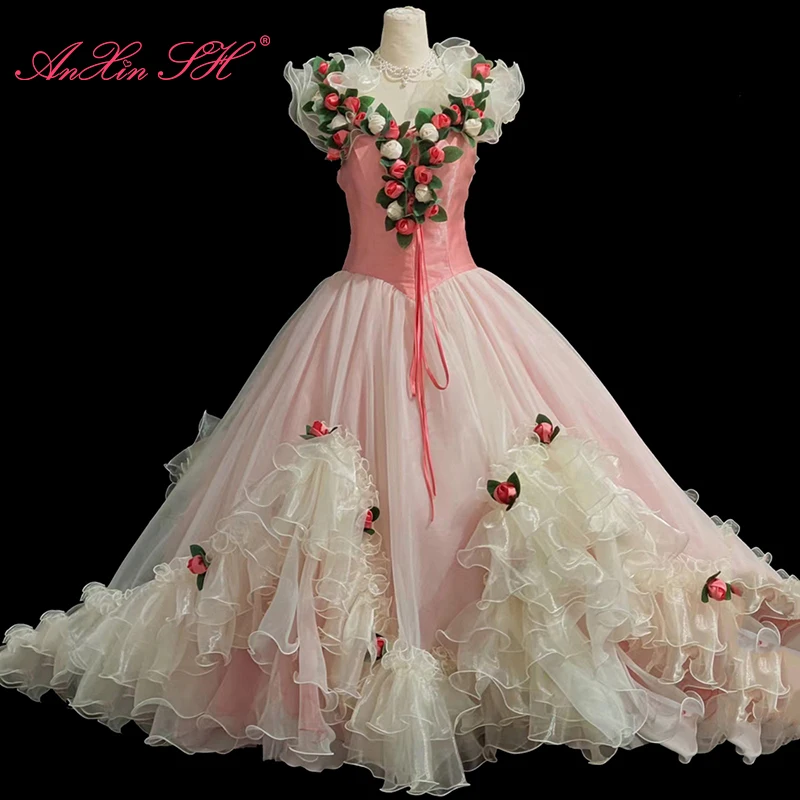 AnXin SH vintage princess pink flower lace boat neck beading rose ruffles Palace lace up ball gown customized wedding dress