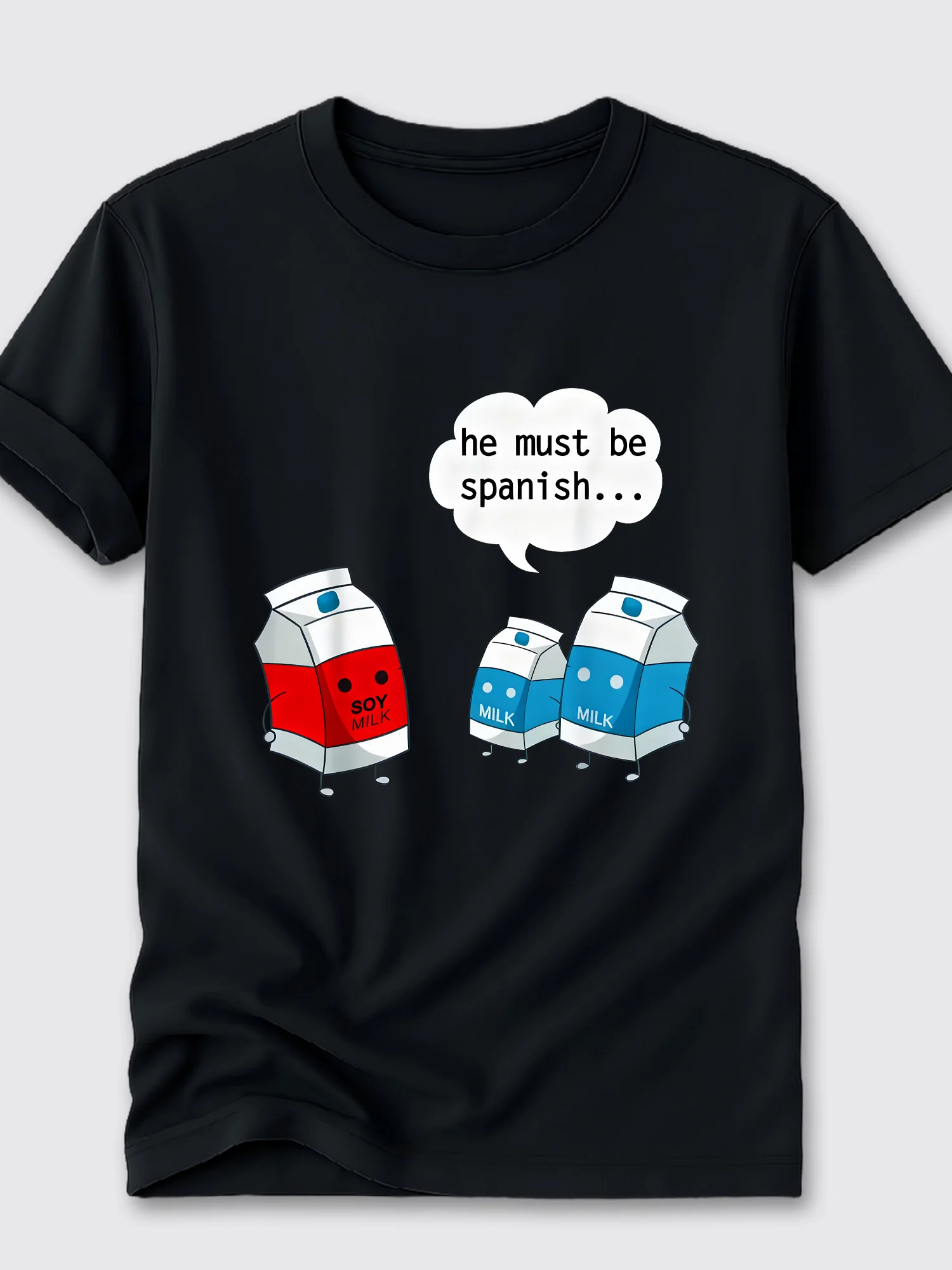 Camiseta divertida con gráfico de productos lácteos y leche de soja en español, chándal de verano para hombre, ropa deportiva informal de algodón de manga corta con cuello redondo