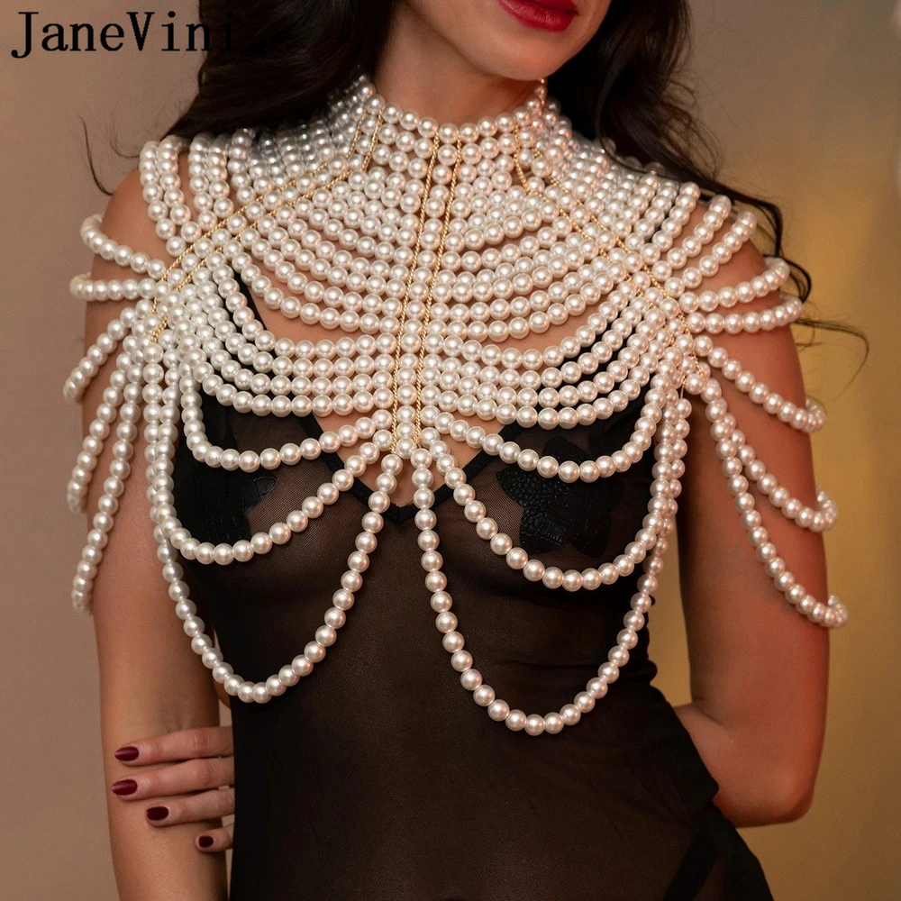 

JaneVini Fashion Pearl Body Chain Shawl Necklaces Top Women Beach Wedding Dress Adjustable Size Shoulder Chains Body Bra Jewelry