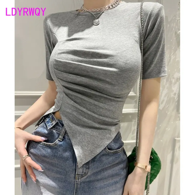Pink Round Neck Short Sleeve T-shirt Women's Summer 2023 New Fold Waist Split Irregular Top