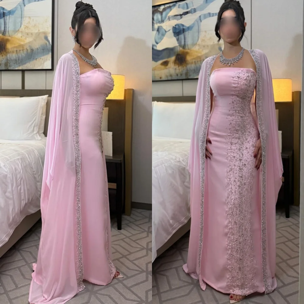 

Customized Luxury Pink Chiffon Evening Dresses Exquisite Strapless Shawl Homecoming Dresses Formal Special Occasion Gowns