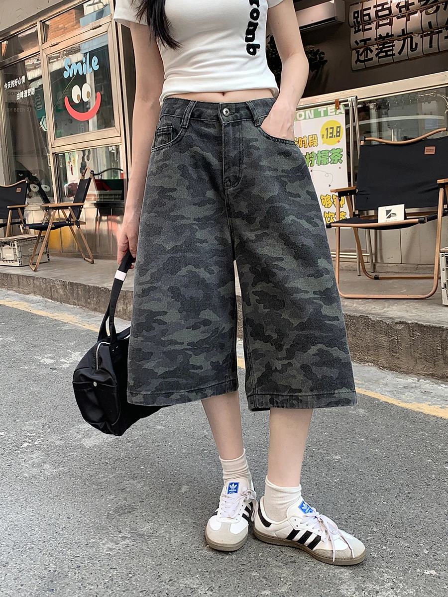 

RORORIRI американские винтажные камуфляжные шорты-карго для женщин, мешковатые джинсовые шорты длиной до колена, свободные широкие капри, брюки