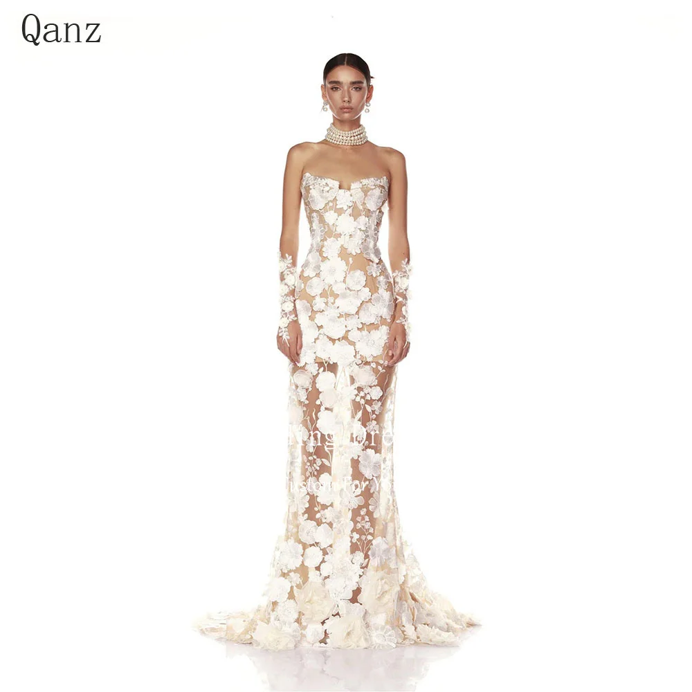 Qanz Bohemian Mermaid Wedding dresses 3D Flowers Sweetheart Illusion Bridal Gowns Open Back Bespoke Occasion Dress Customized