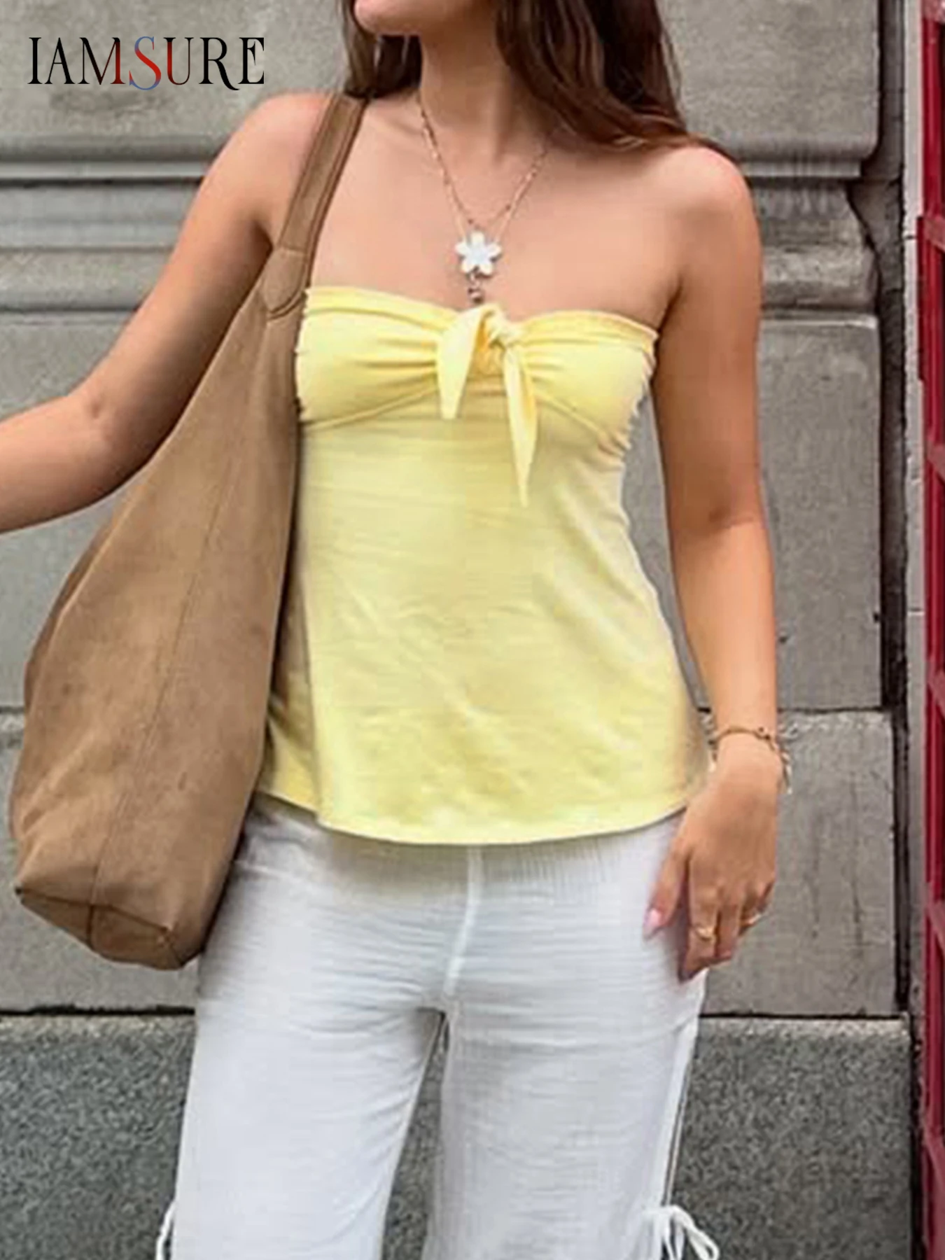 

IAMSURE Casual Solid Bandage Tube Tops Sexy Slim Slash Neck Sleeveless Tank Tops Women 2025 Summer Fashion Streetwear Ladies