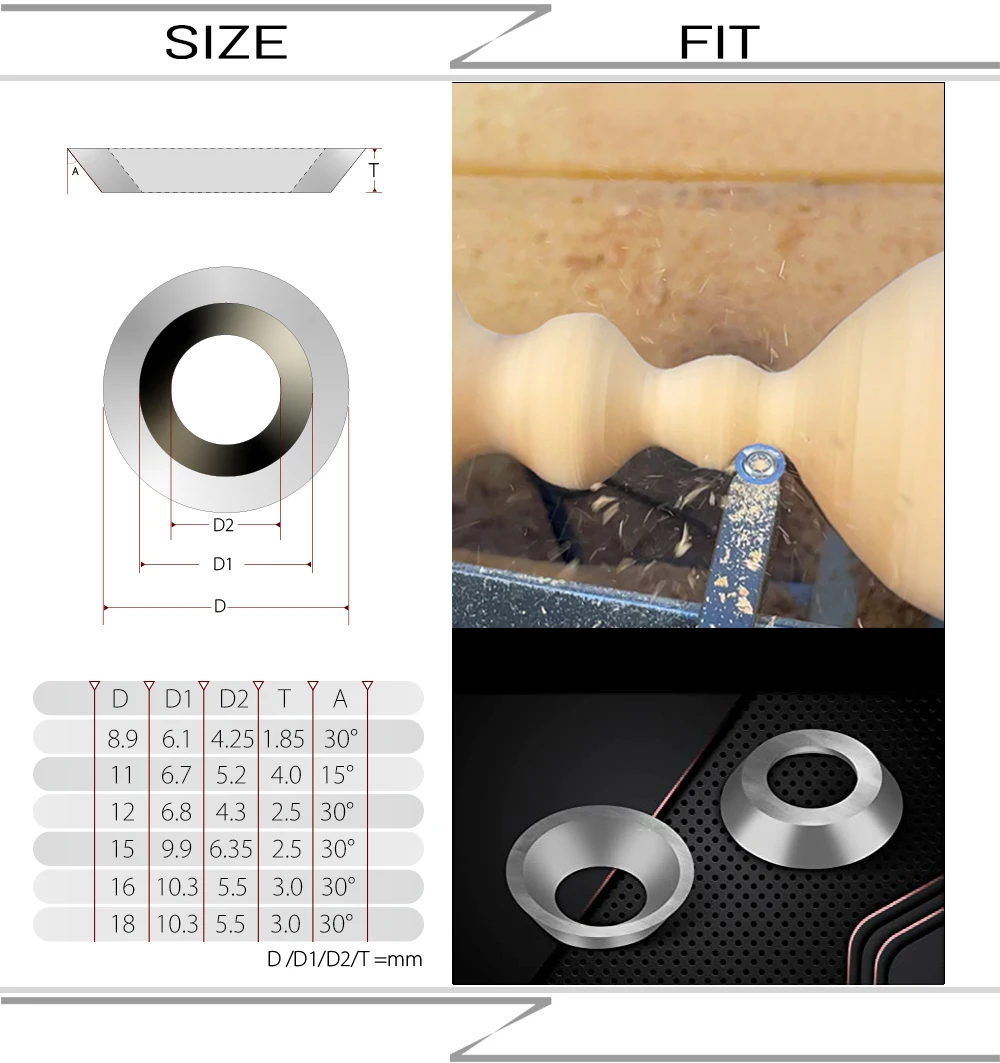 

8.9mm/12mm/15mm/16mm/18mm Round Carbide Inserts Cutters 10Pcs, for Woodturning Lathe Tools Carpentry Tools