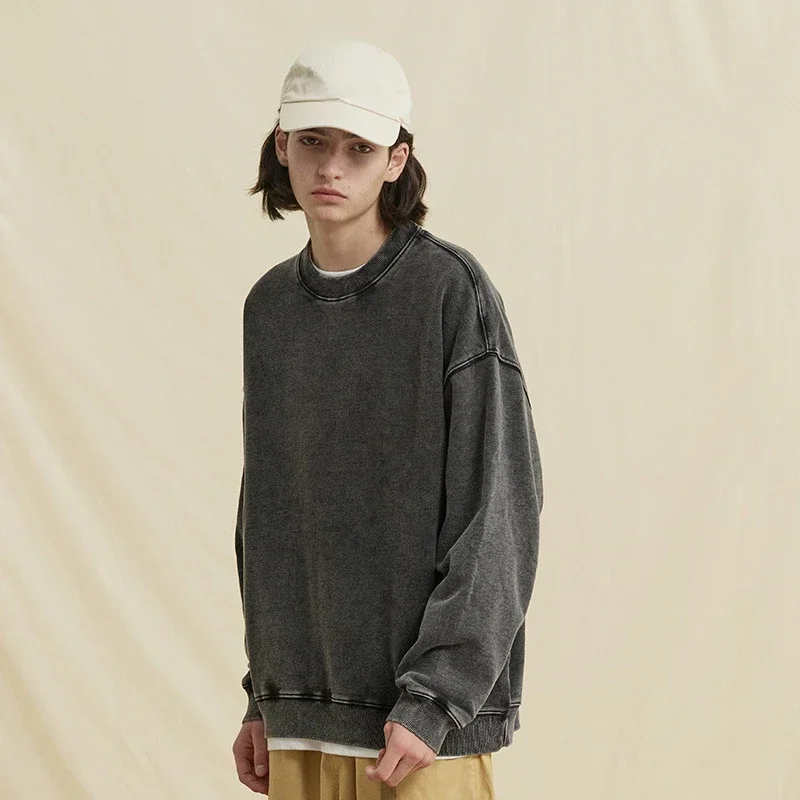 LIBIELIY Men Autumn And Winter Washed And Distressed Sweatshirt. Fashionable High Street. Round Neck. Loose. Pure Cotton Terry