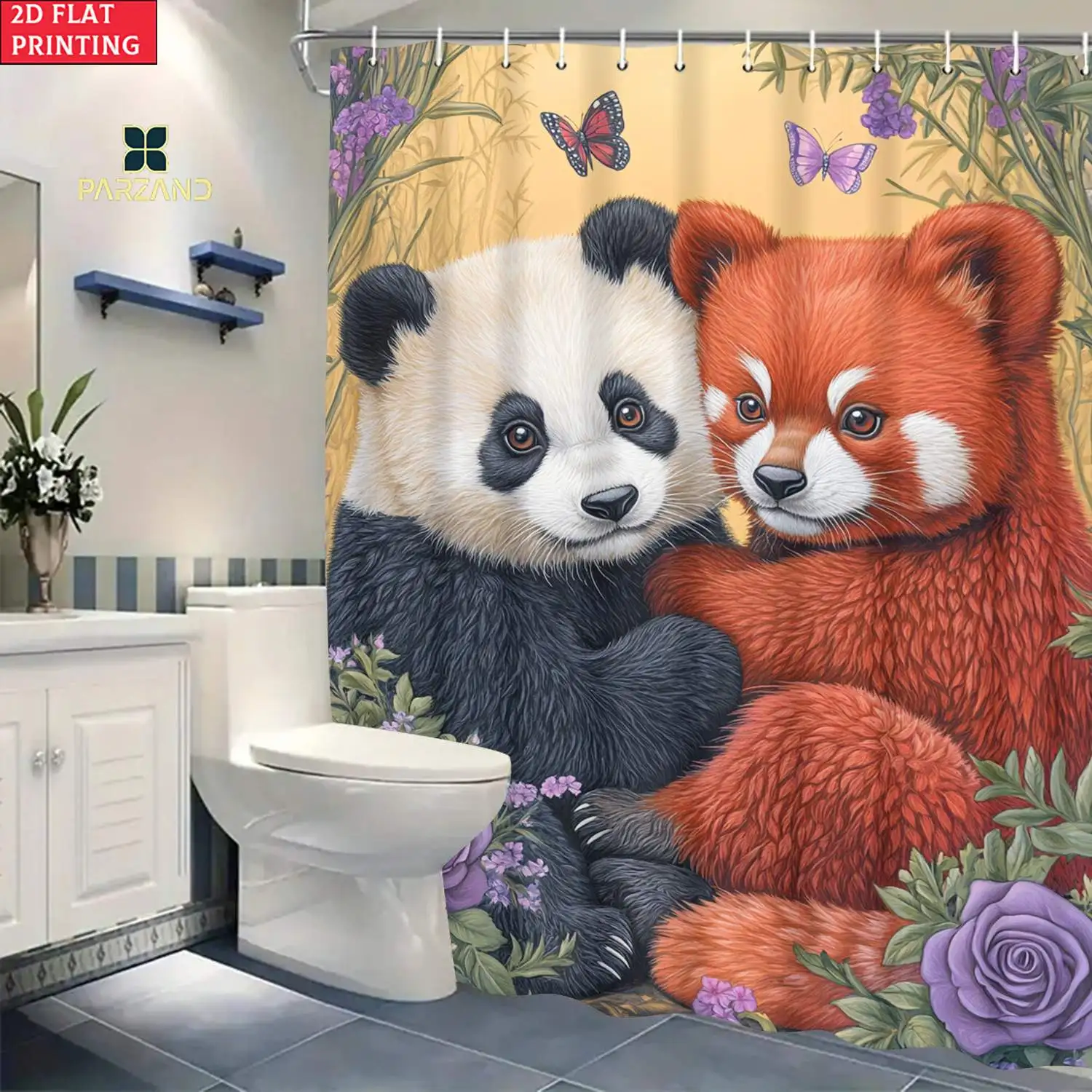 Cute Panda and Fox Shower Curtain Bathroom Decor Waterproof Cartoon Animals Print for Kids Bathroom Shower Curtain