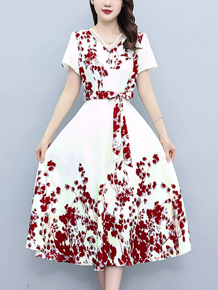 Beach Style Red Floral Chiffon Long Dress for Women Summer Elelgant Casual Holiday Dress 2024 Korean Vintage Bodycon Party Dress
