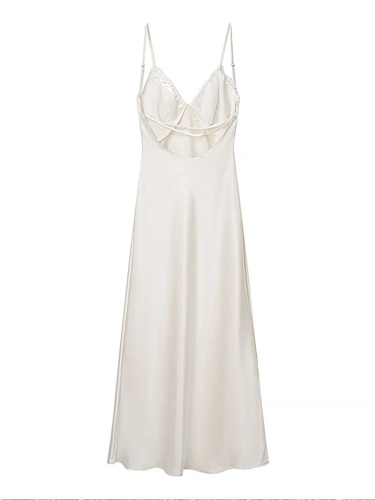 فستان نسائي صيفي جديد لعام 2026 بتصميم عصري برقبة على شكل V مع تطريز دانتيل ​ ​ فستان طويل من الساتان للنساء، أنيق وجذاب بظهر مكشوف، ضيق وبدون أكمام