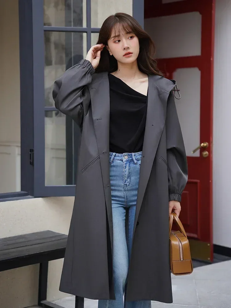 Korean Style Spring Autumn Casual Loose Fit Hooded Trench Coat Women Mid-Length Long Sleeve Chic Elegant Coat for Casual Looks