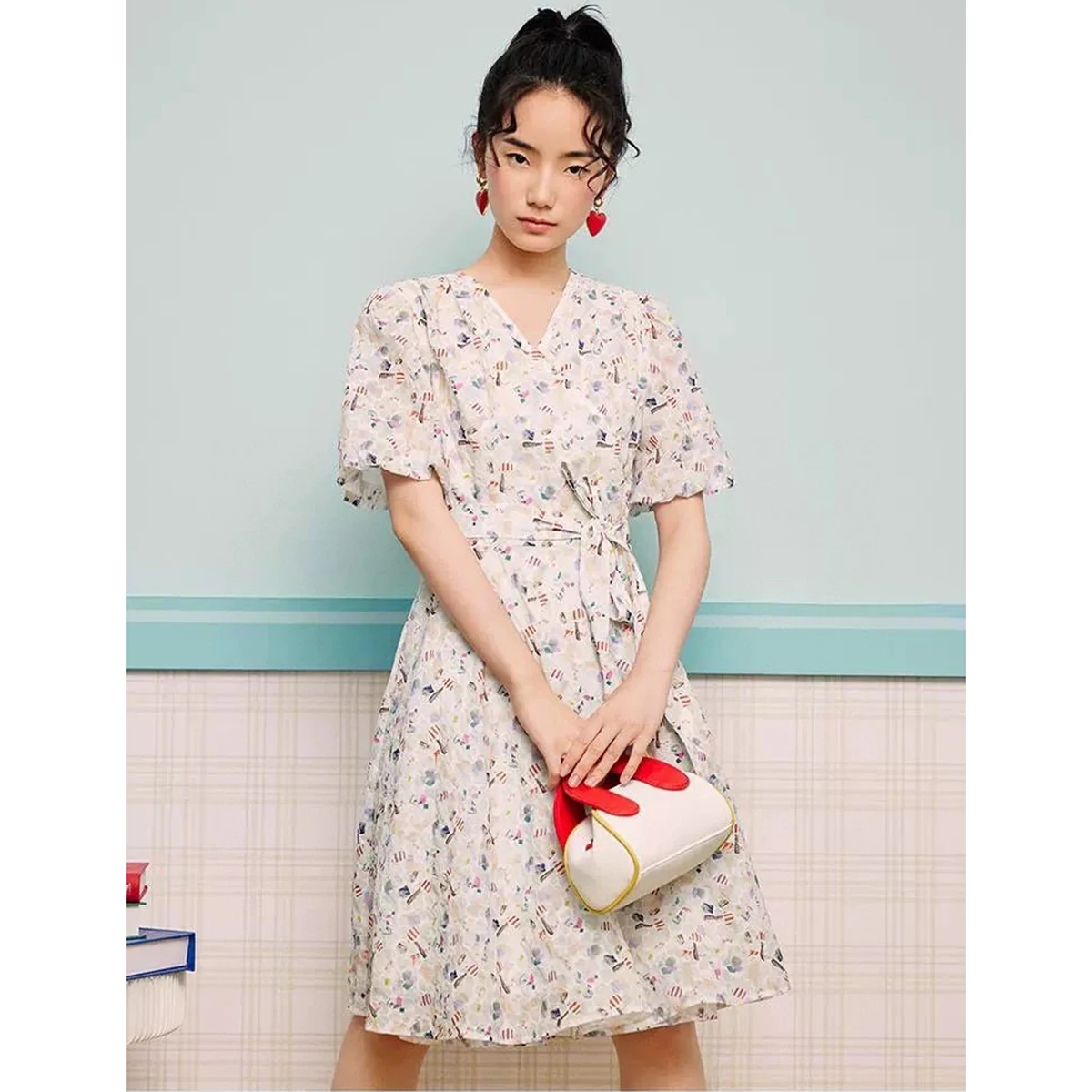 Stampa floreale estiva V-ne Bubble Sve Dr con cintura in cotone 00% ort Sve Versione H Casual Sle da donna Dr