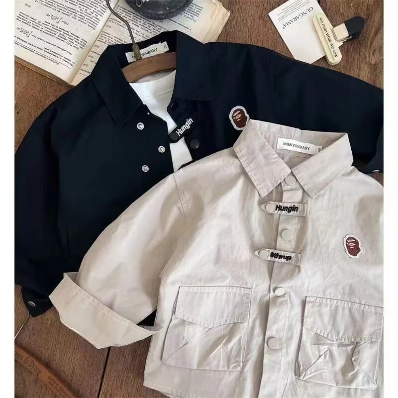 

Children's Shirt 2024 Spring and Autumn New Product For Boys Big Pocket Jacket Shirt Baby Personalized Versatile Coat