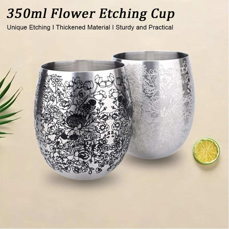 Taza de grabado de flores única de 350ml, taza de cerveza de whisky Martell en forma de huevo de acero inoxidable, vaso de vino para cóctel, tazas de bebida de agua, regalo
