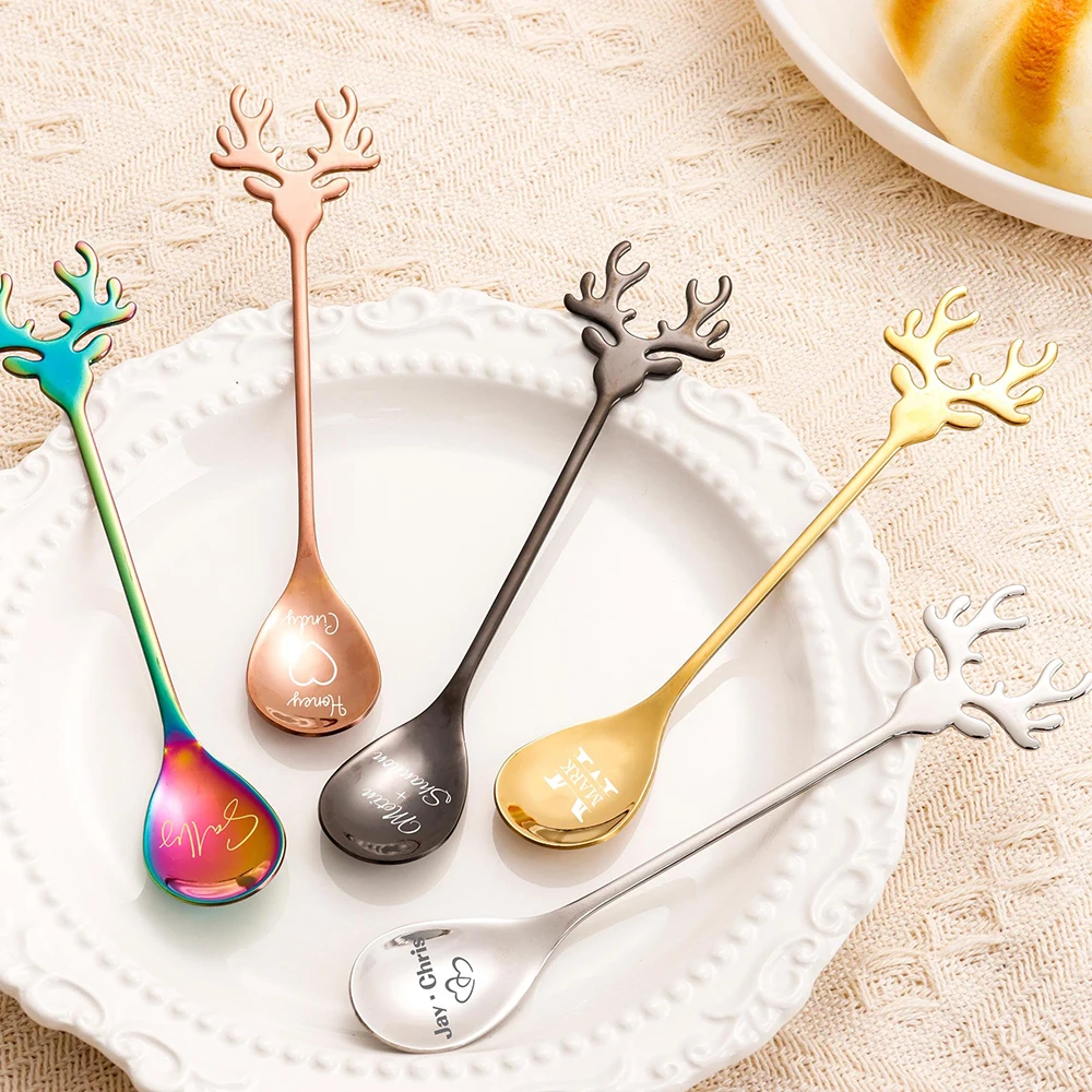 

Personalized Christmas Stainless Steel Stirring Spoon With Name Custom Christmas Deer Tableware Coffee Spoon Party Gift