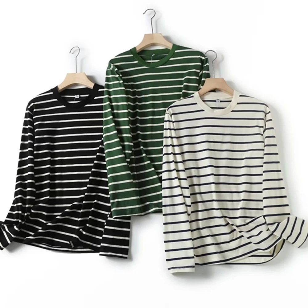 

Withered Cotton Round Neck Striped Casual Basic T-Shirt Tops Lovers S-XL Fashion Simple Long Sleeve T-Shirt