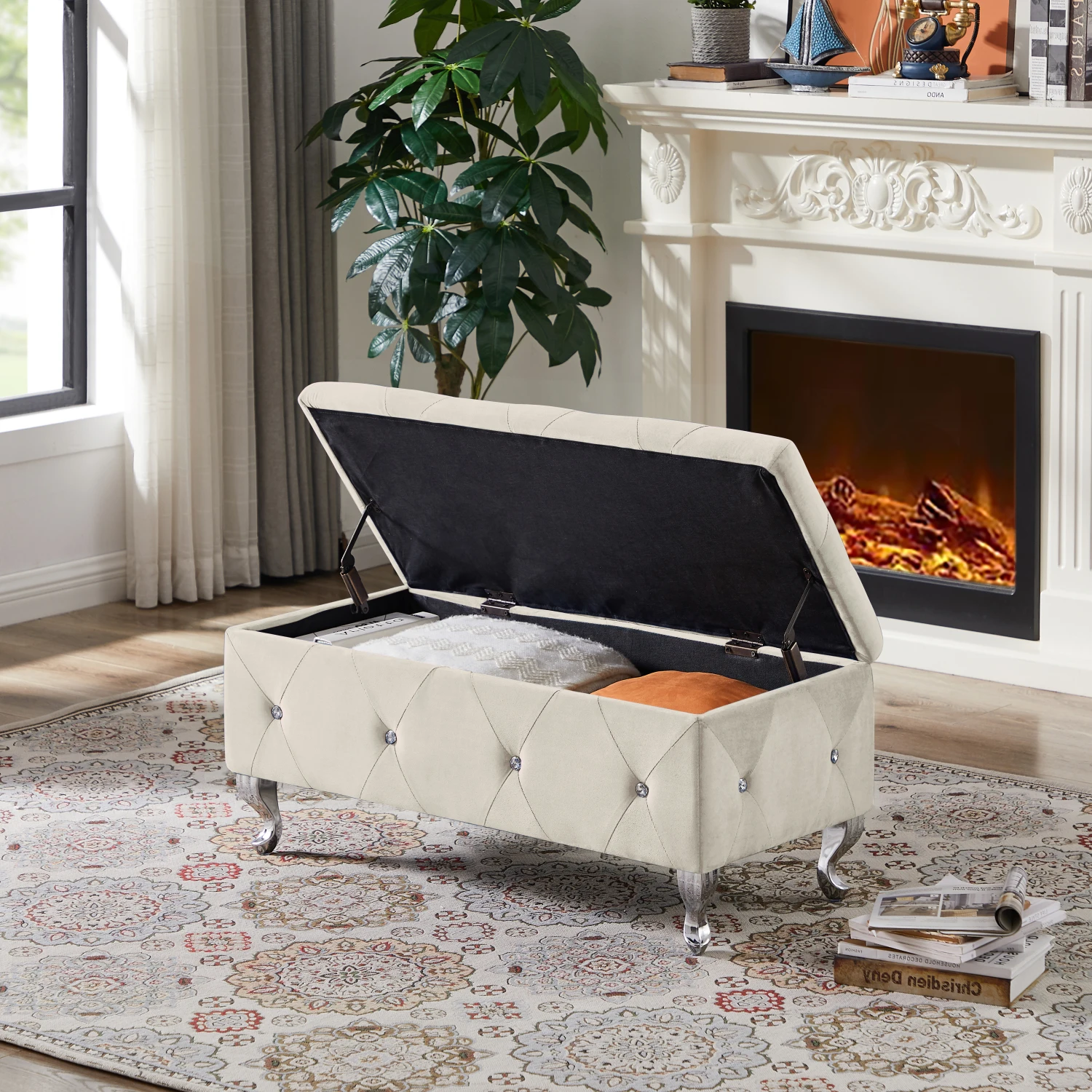 Flip Top Entryway Bench Seat with Safety Hinge, Padded Seat Storage Bench, Creamy White Velvet, Supports 250 lb