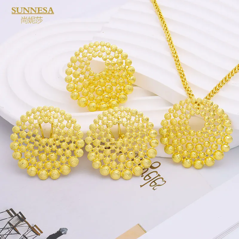 SUNNESA African Dubai Jewelry Set for Women Round Pendant Necklace Clip Earrings Hollow  Senegal Bridal Jewellery Trendy Ring