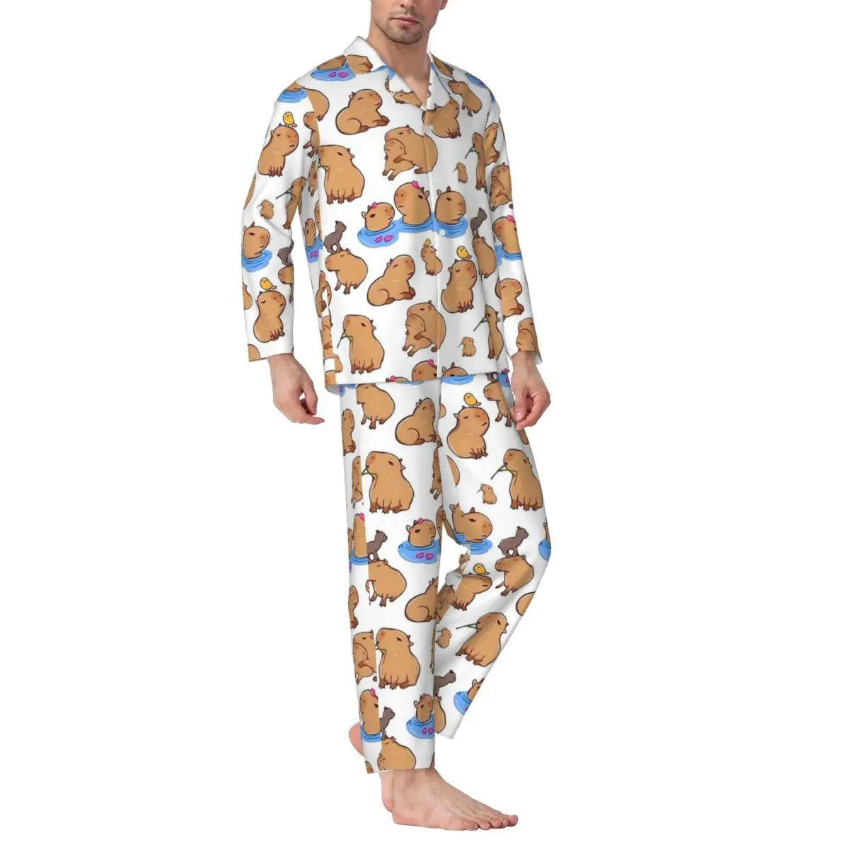 Capybara Print Sleepwear Spring Cartoon Animal Retro Oversize Pajama Sets Male Long-Sleeve Cute Soft Daily Design Home Suit