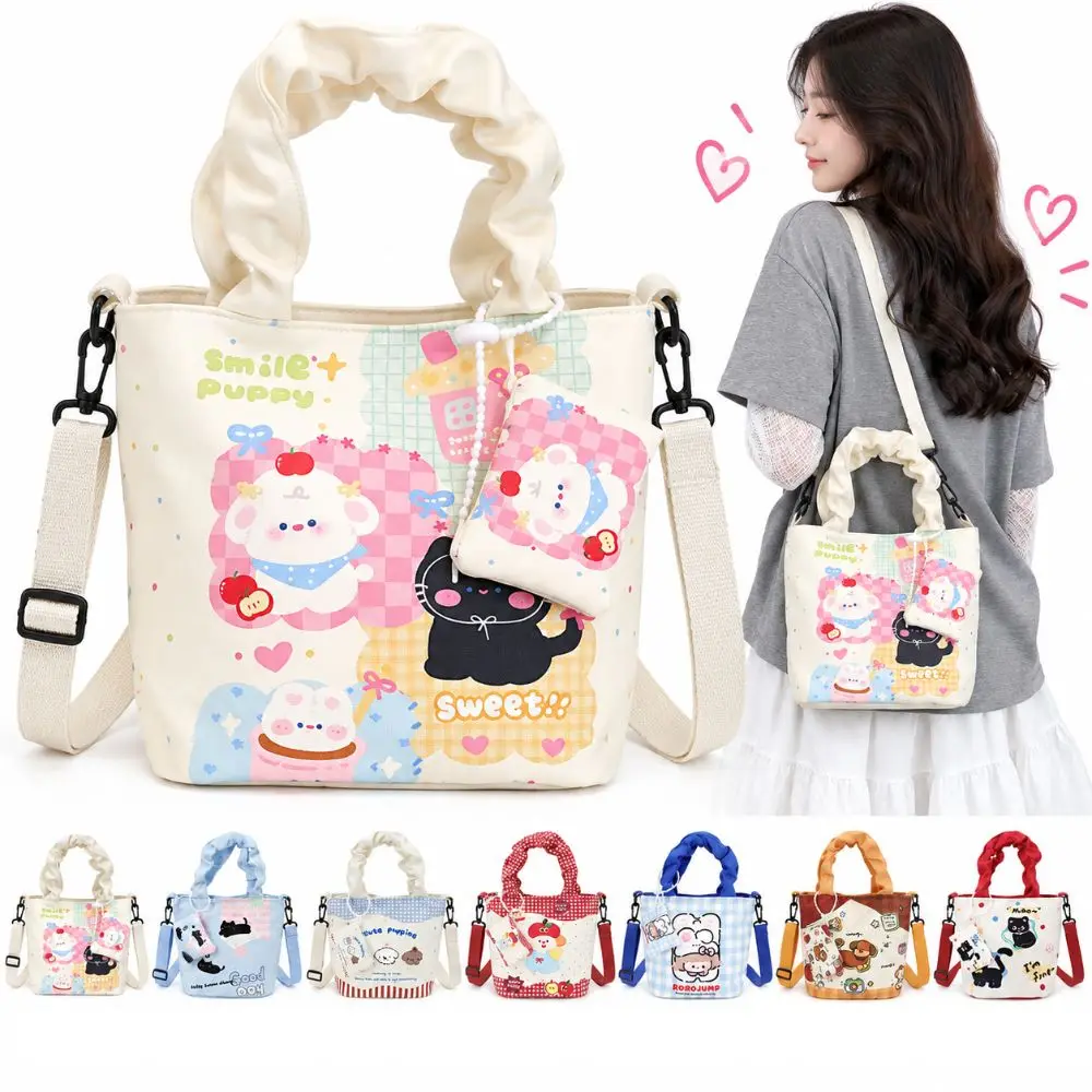Cartoon Crossbody Bag with Small Bag Canvas Material Shoulder Bag Korean Edition Style Large Capacity Handbag Casual Travel