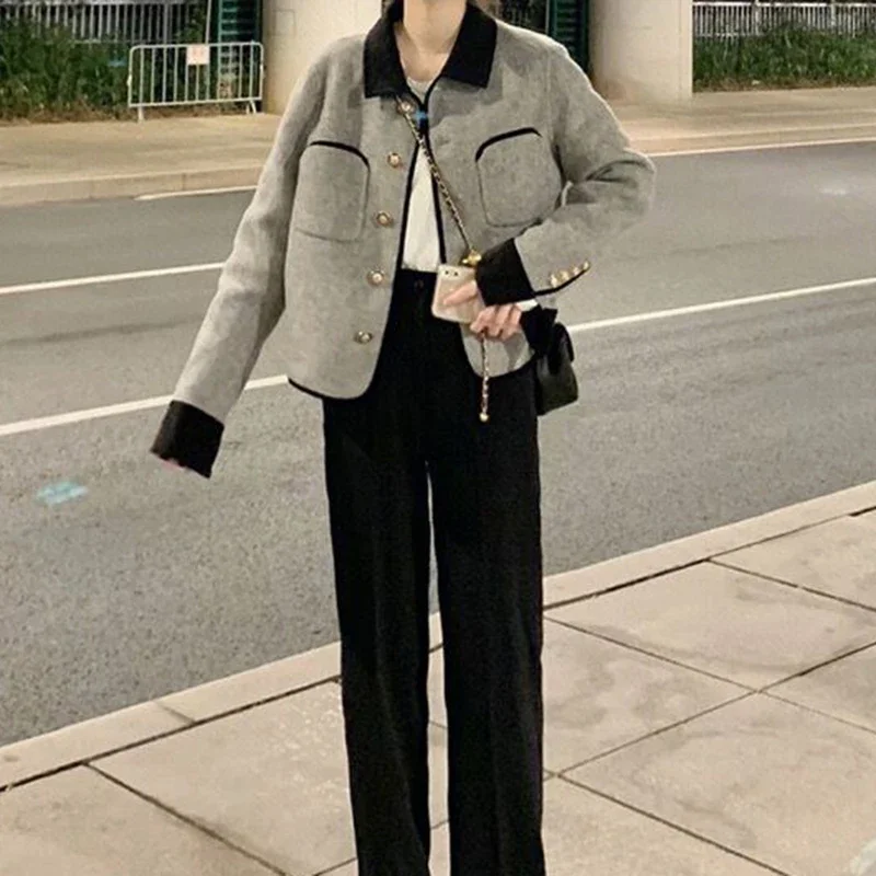 Korean-style gray small fragrance coat female autumn and winter retro high-grade design sense niche temperament long-sleeved top