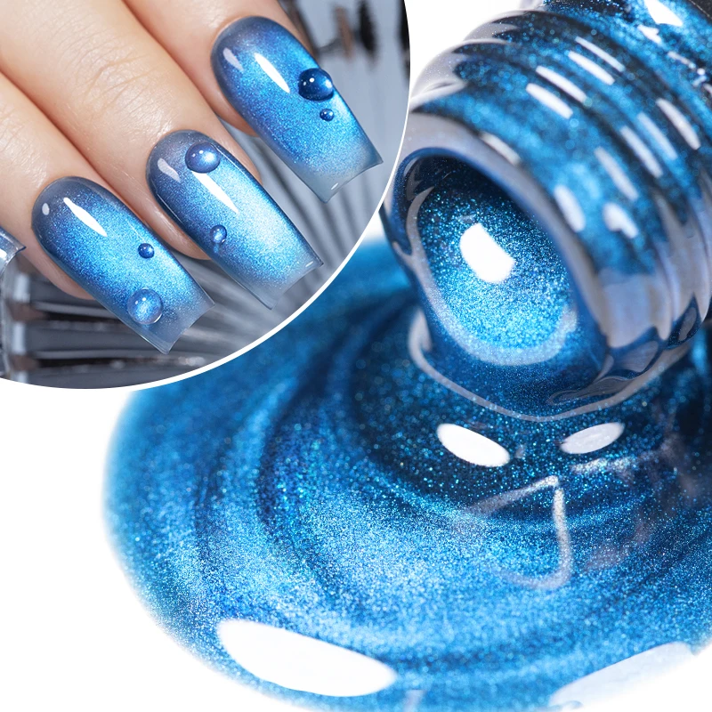 AWStorG 6Pcs 7.5ml Blue Glitter Ocean Ripple Cat Eye Gel Cat Shining Reflective Magnetic Nail Polish Long Lasting Soak Off UV Na