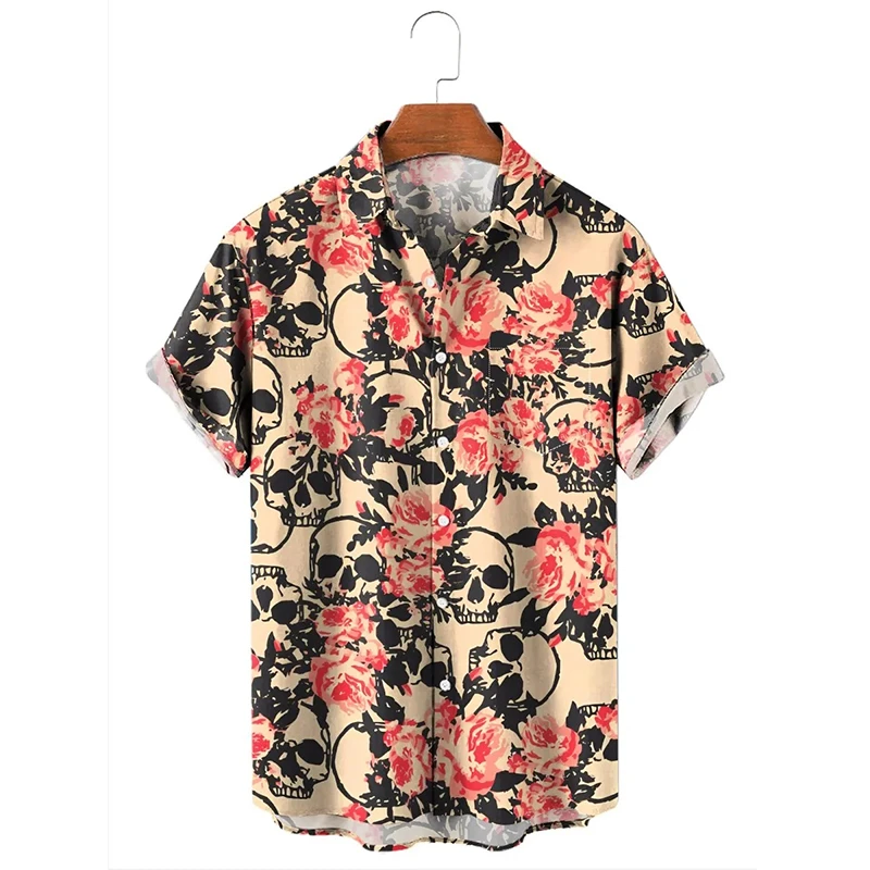 Camiseta Harajuku de manga curta masculina, estilo americano clássico, camisas com estampa de caveira, botões, roupas de rua, blusa casual para meninas, vintage