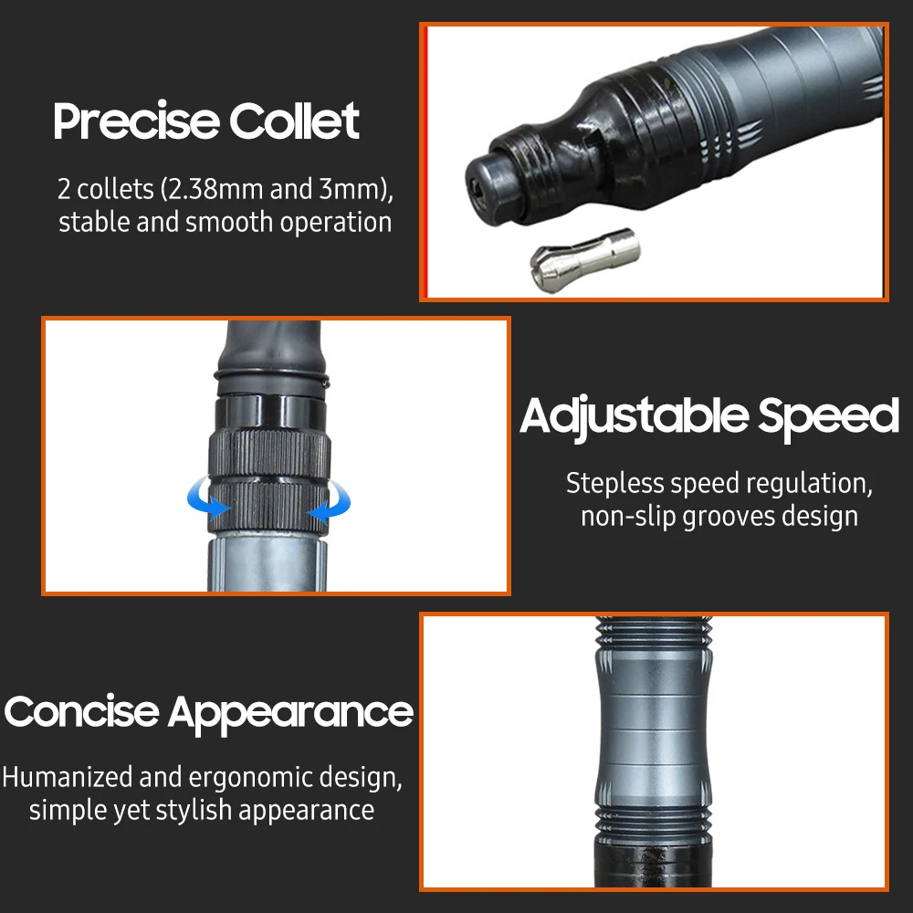 Pencil Type Air Die Grinder with Air Hose 2Collets 1/4 Inch Pneumatic Rotary Pen Stepless Speed Handheld Drilling Tool with Case