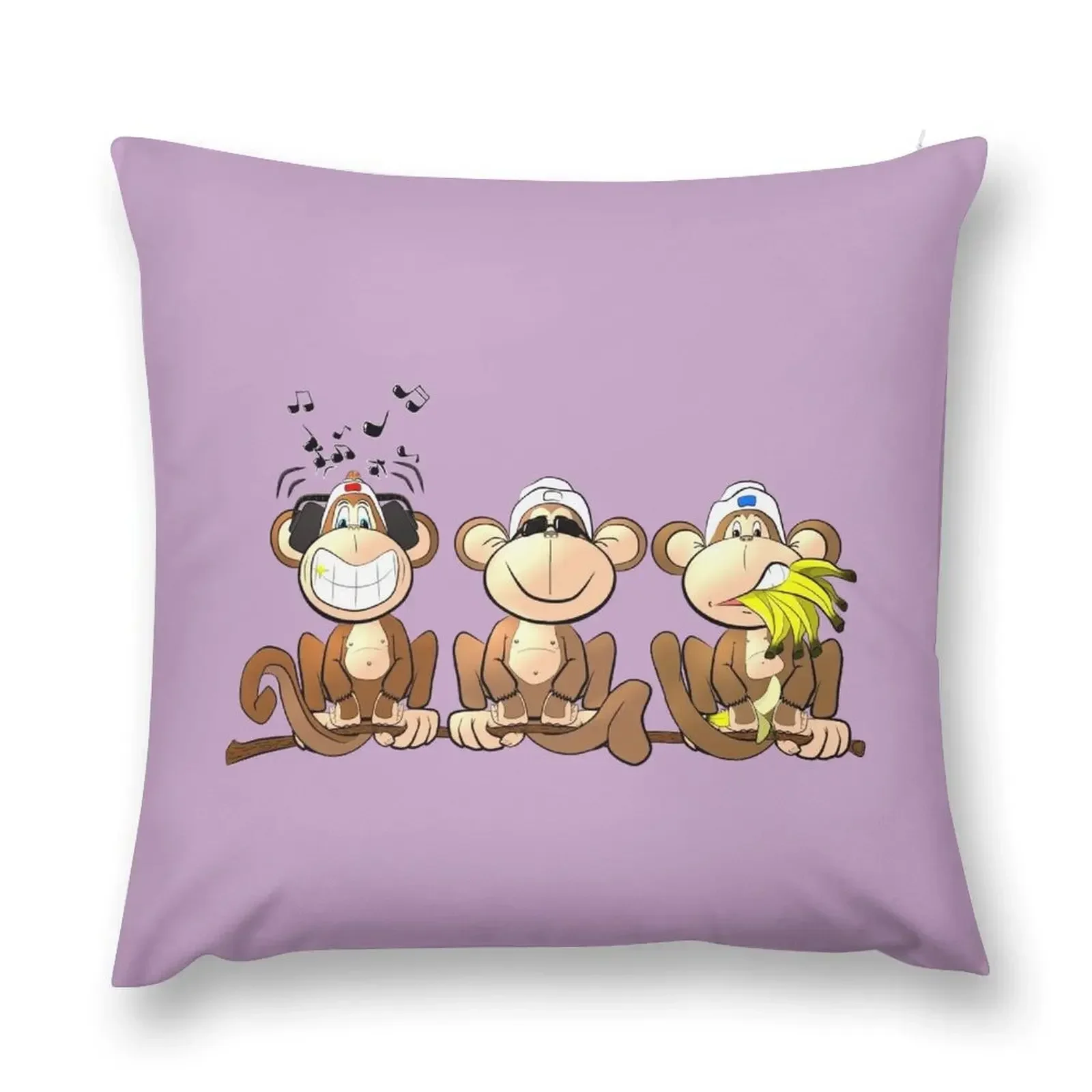 Three wise Monkeys bananas Max Morris and Mike on lilac Throw Pillow Pillowcases Bed Cushions Sofa Cushions pillow