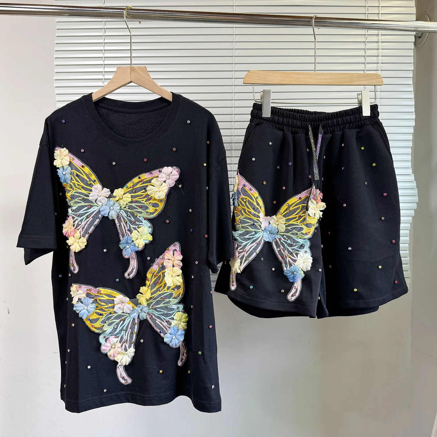 Pant Set Women Two Piece Sets Round Neck Shirt Wide Leg Short Pants Beaded Butterfly Lace Up Elastic Waist Y2k Streetwear 2026
