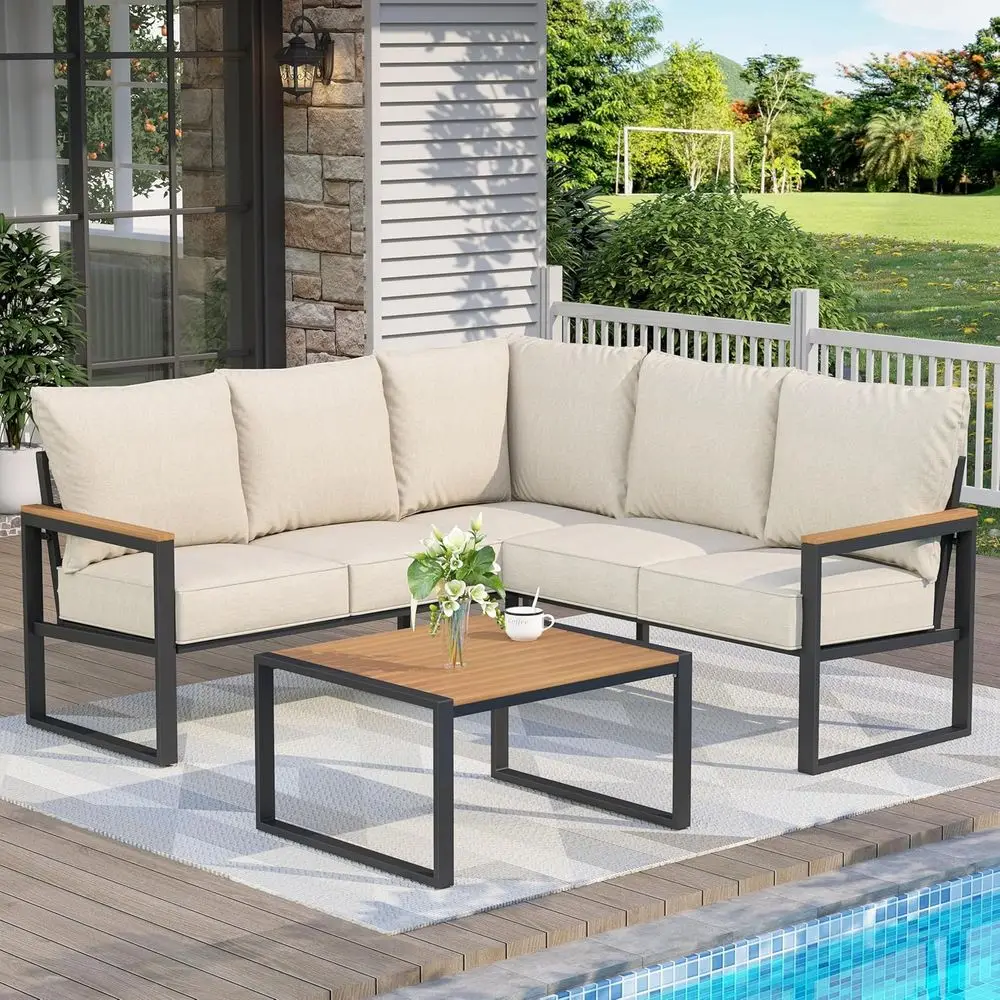 

6-Piece Outdoor Sectional Sofa Set with Side Table, L-Shape Patio Furniture, Beige