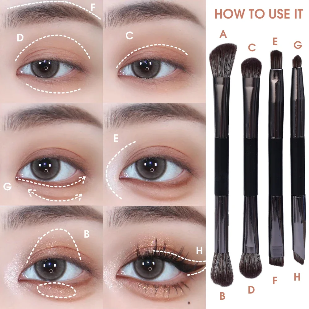 4pcs Double Head Eyeshadow Brush Suit with Dry Clean Sponge and Mirror Multifunction Concealer Highlight Eyeliner Cosmetic Brush