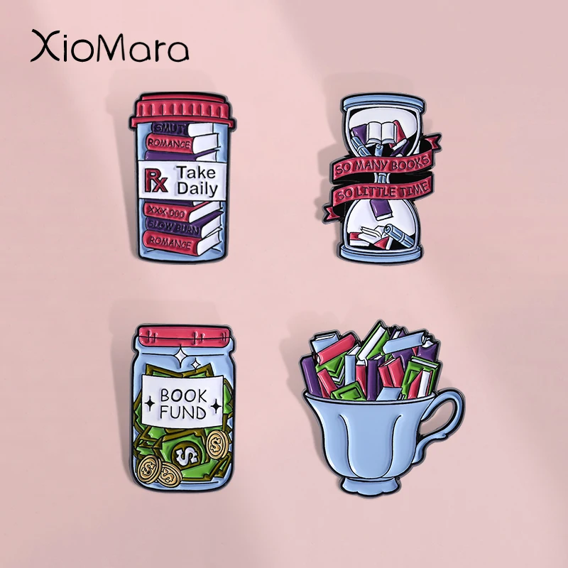 Buchfonds, so viele Bücher, Emaille-Anstecknadeln, die Teetasse ist mit Büchern gefüllt, individuelle Broschen, Revers, Rucksack-Abzeichen, Schmuck, Geschenk für Freunde