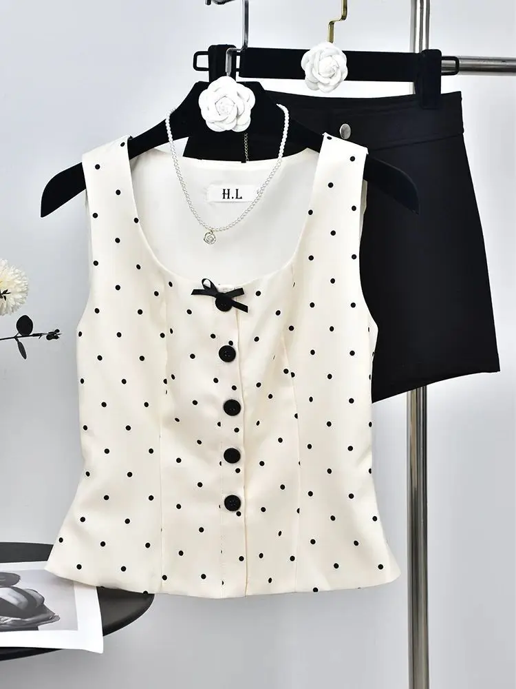 

Korean Fashion Square Neck Jacket Vest Summer Bow Polka Dot Elegant Sweet Camisole Vest Button Up Sleeveless Tunic Tee Slim 2025