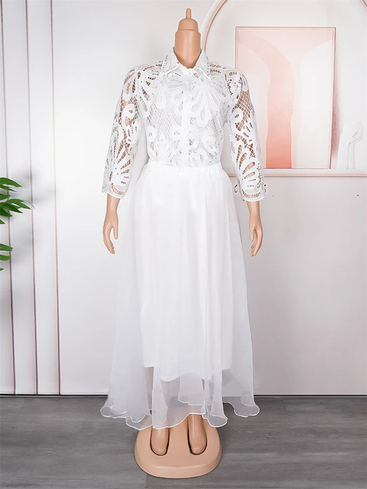 Szata Africaine Femme 2024 Nouveauté afrykański Dashiki biała odzież koronkowa kobiet bluzka w rozmiarze Plus Size i spódnica 3 komplet suknia