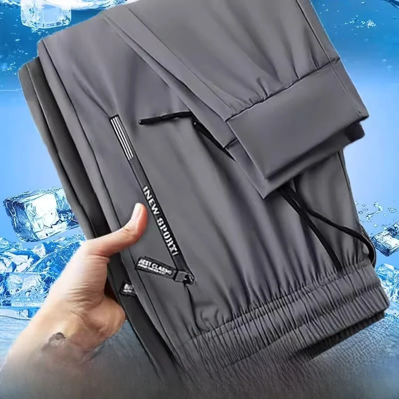 ใหม่ 2025 ชายผ้าไหมน้ําแข็ง Cool Feeling หลวมสบายๆกางเกงยาวกางเกงทํางานบางพร้อมซิป Kets สําหรับทํางาน