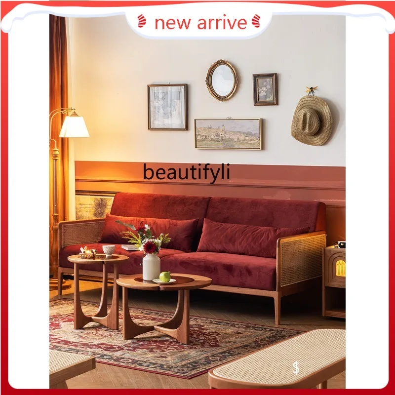 

S132 Sofa for Three People Rattan Vintage Small Apartment Simple Living Room Nordic Fabric Solid Wood Sofa living room furniture