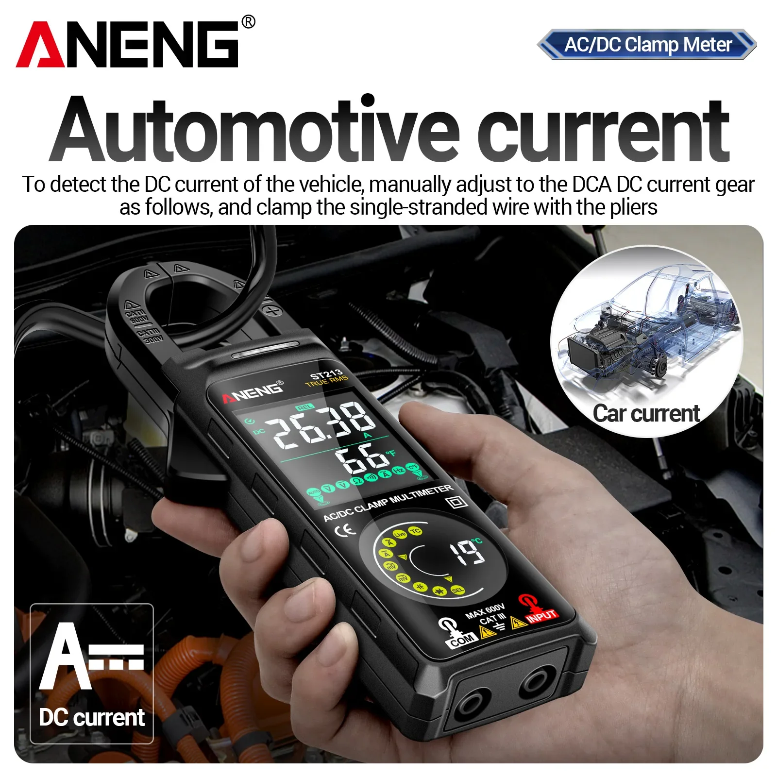 ANENG ST213 VA Reverse Color Screen Clamp Meter 6000 Counts 400A AC/DC Current Temperature Frequency Tester Flashlight Data Hold