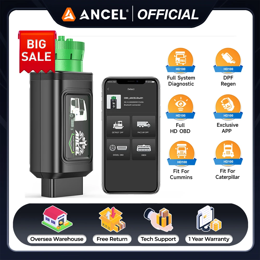 

ANCEL HD100 Heavy Duty Truck Scanner DPF Regen HDOBD OBD2 Code Reader for Cummins All System Diesel Scanner Diagnostic Scan Tool