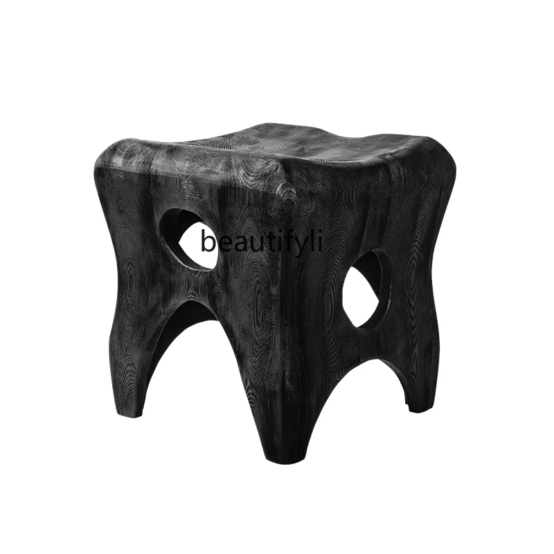 Nordic Solid Wood a Block of Wood Or Stone Carbonized Black Wooden Stool Bed & Breakfast Art Wooden Pile Shoe Changing Stool