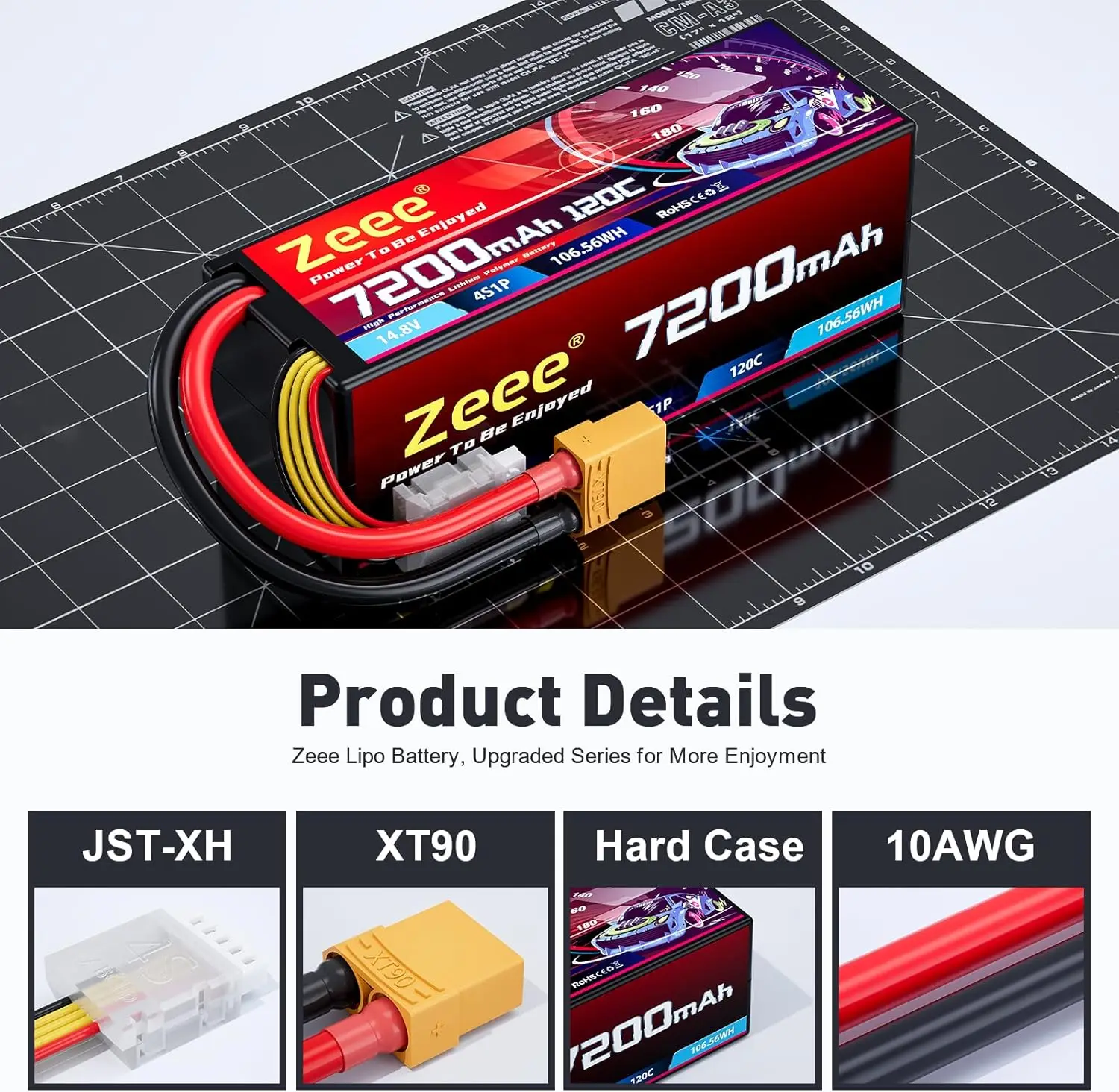 Zeee 4S Lipo Battery 7200mAh 14.8V 120C Hard Case RC Battery with XT90 Plug for 1/8 Buggy RC Car Truck RC Truggy Racing Models