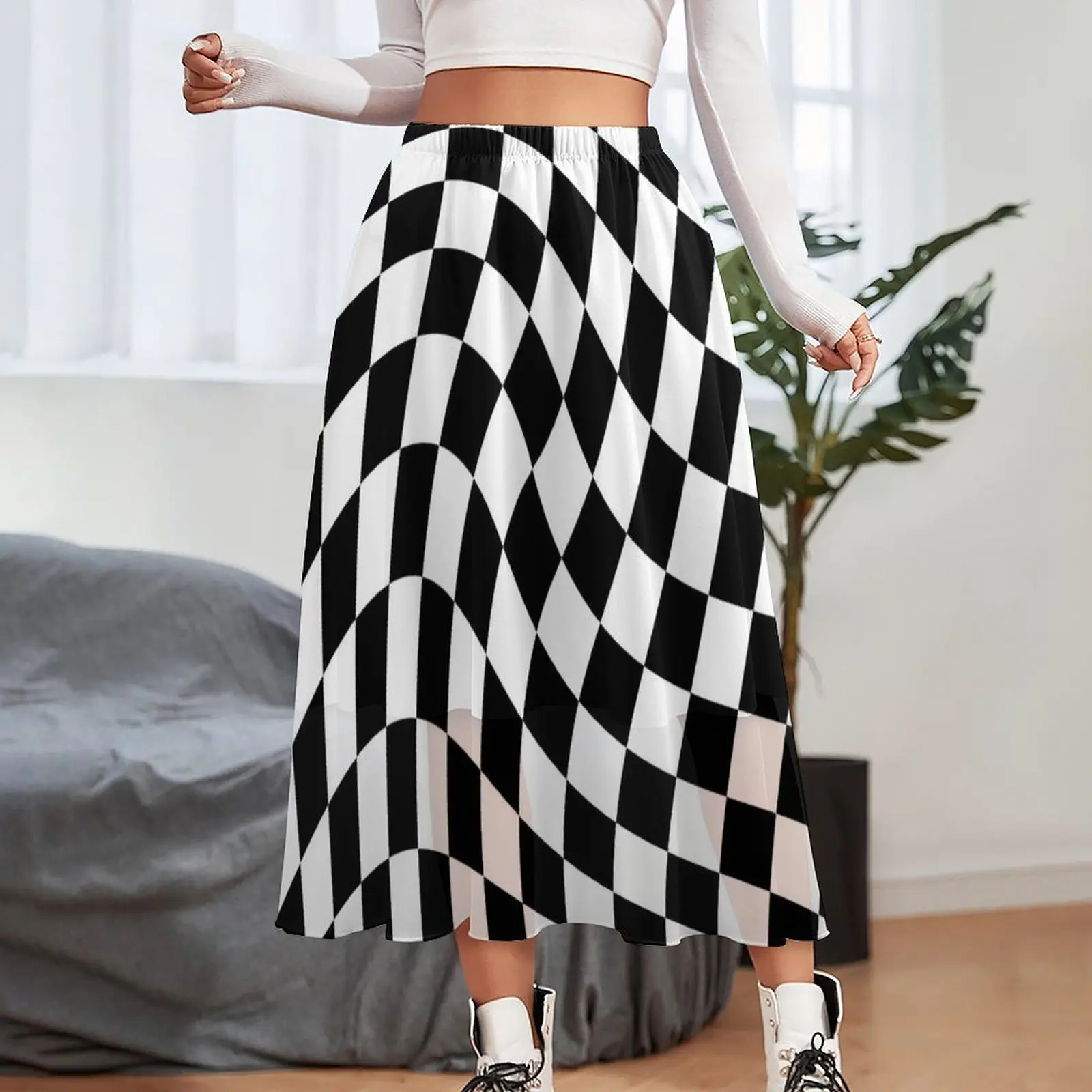 Abstract Check Print Skirt Black Twist Street Fashion Long Skirts Elegant A-line Skirt Female Custom Big Size Bottoms